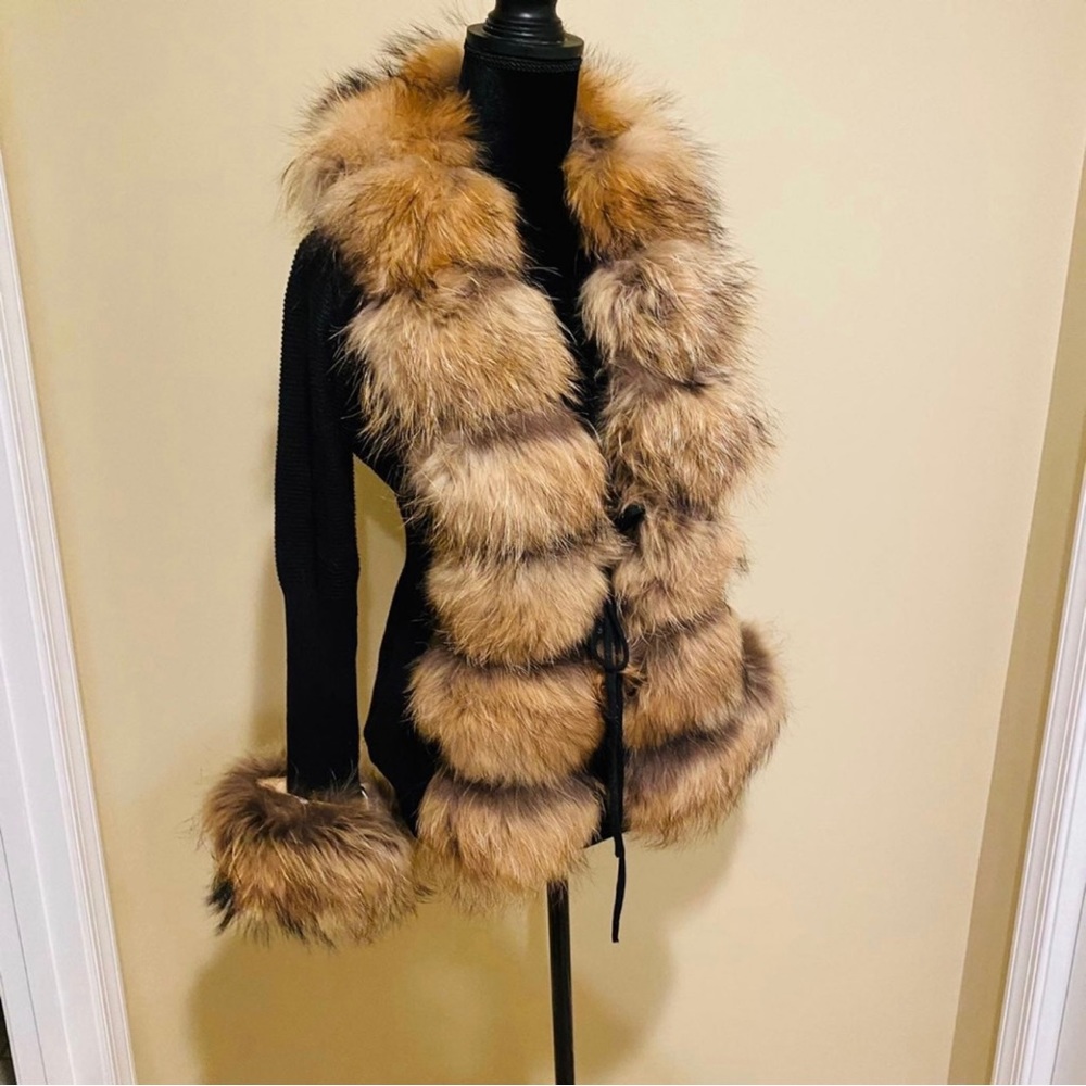 Real raccoon fur cardigan genuine fur collar trench coat parka jacket wool blaze - Picture 8 of 16